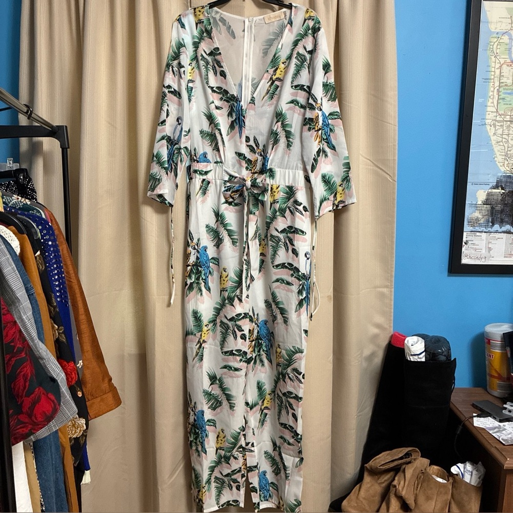 Choosy Tropical Print Jumpsuit 18 Belted Elastic Waist Feminine - Picture 2 of 13
